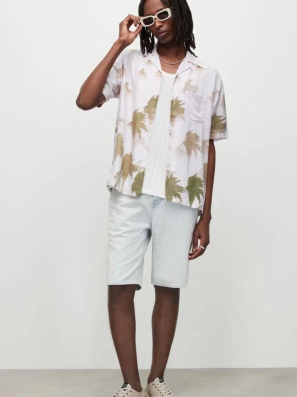 Allsaints Mens XL Palm Tree Print Relaxed Fit Button-Up Shirt In White & Green